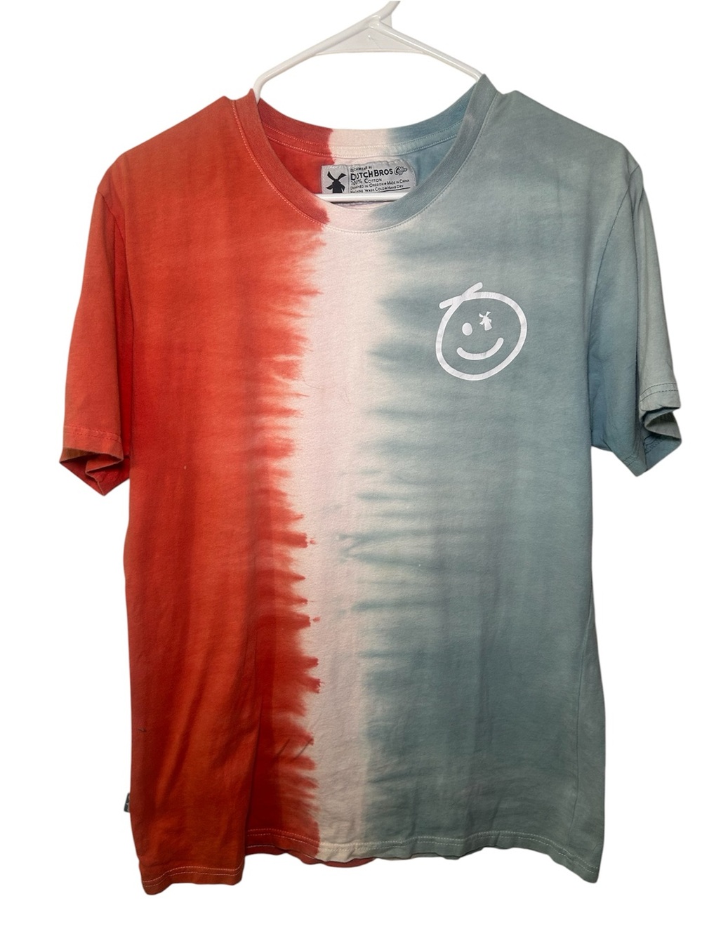 Dutch Bros Coffee VTG Tie-Dye Split Color Smiley Short Sleeve T-Shirt Med Cotton